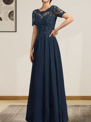 A-line Scoop Illusion Floor-Length Chiffon Lace Mother of the Bride Dress With Sequins Beading