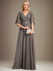 A-line V-Neck Floor-Length Chiffon Lace Mother of the Bride Dress With Crystal Brooch Rhinestone