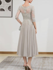 A-line Scoop Illusion Tea-Length Chiffon Lace Mother of the Bride Dress With Beading Sequins