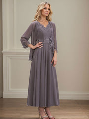 A-line V-Neck Ankle-Length Chiffon Mother of the Bride Dress With Sequins Appliques Lace Beading