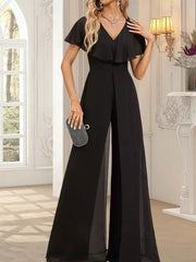 Jumpsuit/Pantsuit V-Neck Floor-Length Chiffon Evening Dress