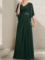 Sheath/Column V-Neck Floor-Length Chiffon Mother of the Bride Dress With Pleated Sequins Beading