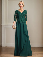 A-line V-Neck Floor-Length Lace Chiffon Mother of the Bride Dress With Cascading Ruffles Sequins