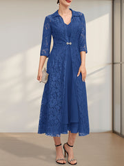 A-line V-Neck Tea-Length Chiffon Mother of the Bride Dress