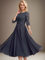 A-line Scoop Tea-Length Lace Chiffon Mother of the Bride Dress With Sequins