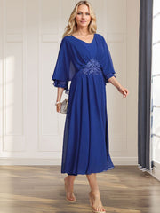 A-line V-Neck Tea-Length Chiffon Mother of the Bride Dress With Pleated Sequins Appliques Lace Beadind