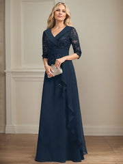 A-line Collared V-Neck Floor-Length Lace Chiffon Mother of the Bride Dress With Sequins Cascading Ruffles