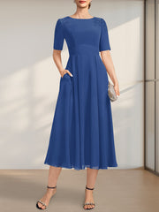 A-line Scoop Tea-Length Chiffon Mother of the Bride Dress With Appliques Lace Sequins