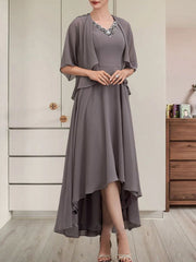 A-line V-Neck Asymmetrical Chiffon Mother of the Bride Dress With Beading Sequins