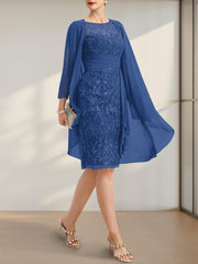 Sheath/Column Scoop Illusion Knee-Length Lace Chiffon Mother of the Bride Dress With Cascading Ruffles Sequins