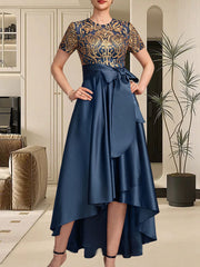 A-line Scoop Asymmetrical Satin Sequin Lace Mother of the Bride Dress With Bow