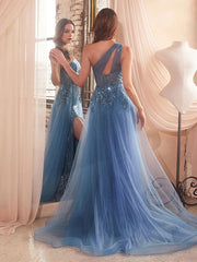 Blue A Line One Shoulder Long Corset Prom Dress With Slit