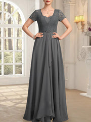 A-line Sweetheart Floor-Length Chiffon Lace Mother of the Bride Dress With Beading Cascading Ruffles