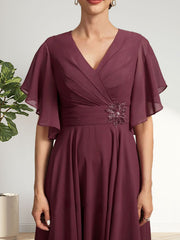 A-line V-Neck Tea-Length Chiffon Mother of the Bride Dress With Pleated Beading