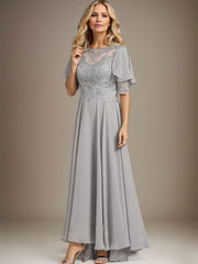 A-line Scoop Illusion Asymmetrical Chiffon Lace Mother of the Bride Dress With Beading