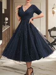 A-line V-Neck Tea-Length Tulle Lace Mother of the Bride Dress With Pleated