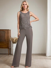 Separates Jumpsuit/Pantsuit Scoop Floor-Length Chiffon Lace Mother of the Bride Dress With Beading Sequins