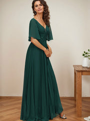 A-line V-Neck Floor-Length Chiffon Mother of the Bride Dress With Sequins Appliques Lace Pleated