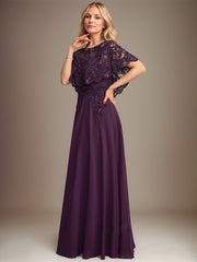 A-line Boat Neck Floor-Length Lace Chiffon Mother of the Bride Dress With Applique Sequins