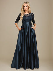 A-line Scoop Illusion Floor-Length Stretch Satin Lace Mother of the Bride Dress With Bow Sequins