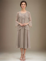 A-line Scoop Tea-Length Lace Chiffon Mother of the Bride Dress With Sequins