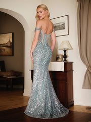 Sparkly Green Sequins Sheath Off the Shoulder Long Prom Dress With Slit