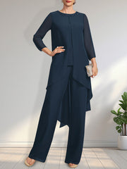 Separates Jumpsuit/Pantsuit Scoop Floor-Length Chiffon Mother of the Bride Dress With Sequins Beading