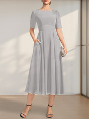 A-line Scoop Tea-Length Chiffon Mother of the Bride Dress With Appliques Lace Sequins