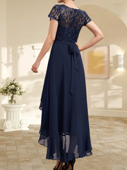 A-line Scoop Illusion Asymmetrical Chiffon Lace Mother of the Bride Dress With Bow Ruffle Sequins