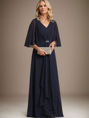 A-line V-Neck Floor-Length Chiffon Mother of the Bride Dress With Cascading Ruffles Crystal Brooch