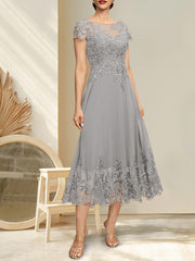 A-line Illusion Scoop Tea-Length Lace Chiffon Mother of the Bride Dress With Sequins