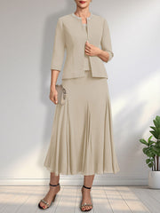 Separates A-line Scoop Tea-Length Chiffon Mother of the Bride Dress With Sequins Beading