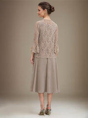 A-line Scoop Tea-Length Lace Chiffon Mother of the Bride Dress With Sequins