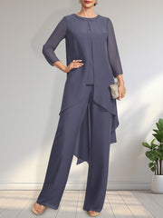 Separates Jumpsuit/Pantsuit Scoop Floor-Length Chiffon Mother of the Bride Dress With Sequins Beading