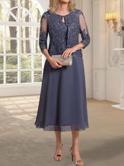 A-line Scoop Tea-Length Lace Chiffon Mother of the Bride Dress With Sequins