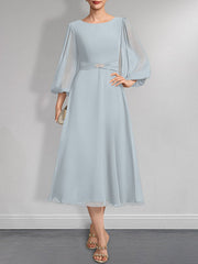 A-line Scoop Tea-Length Chiffon Mother of the Bride Dress With Crystal Brooch Pleated