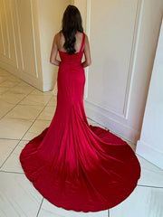 Red Mermaid Ruched One Shoulder Long Prom Dress with Slit