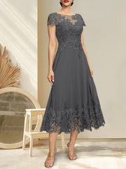 A-line Illusion Scoop Tea-Length Lace Chiffon Mother of the Bride Dress With Sequins