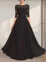 A-line Scoop Illusion Floor-Length Chiffon Lace Mother of the Bride Dress With Pleated Sequins