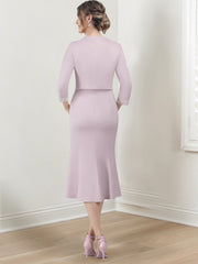 Sheath/Column V-Neck Tea-Length Mother of the Bride Dresses