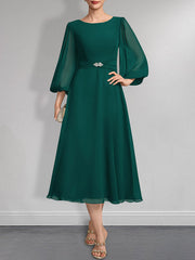 A-line Scoop Tea-Length Chiffon Mother of the Bride Dress With Crystal Brooch Pleated