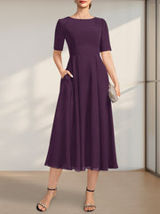 A-line Scoop Tea-Length Chiffon Mother of the Bride Dress With Appliques Lace Sequins