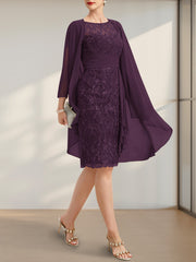 Sheath/Column Scoop Illusion Knee-Length Lace Chiffon Mother of the Bride Dress With Cascading Ruffles Sequins