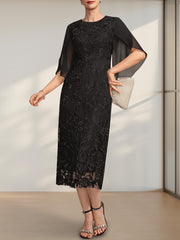 Sheath/Column Scoop Tea-Length Lace Chiffon Mother of the Bride Dress