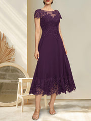 A-line Illusion Scoop Tea-Length Lace Chiffon Mother of the Bride Dress With Sequins