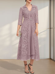 A-line V-Neck Tea-Length Chiffon Mother of the Bride Dress