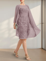 Sheath/Column Scoop Illusion Knee-Length Lace Chiffon Mother of the Bride Dress With Cascading Ruffles Sequins