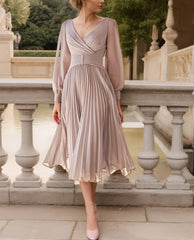 A-Line/Princess V-Neck Long Sleeves Tea-Length Chiffon Mother Of The Bride Dresses