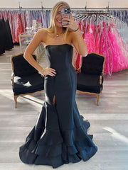 Black Mermaid Strapless Satin Tiered Prom Dress with Slit