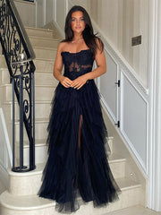 Black A-Line Strapless Tulle Tiered Long Prom Dress with Appliques